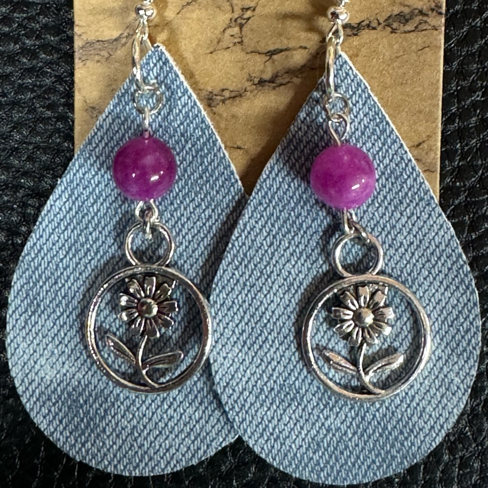 Faux Denim Earrings With Silvery Daisy Charms